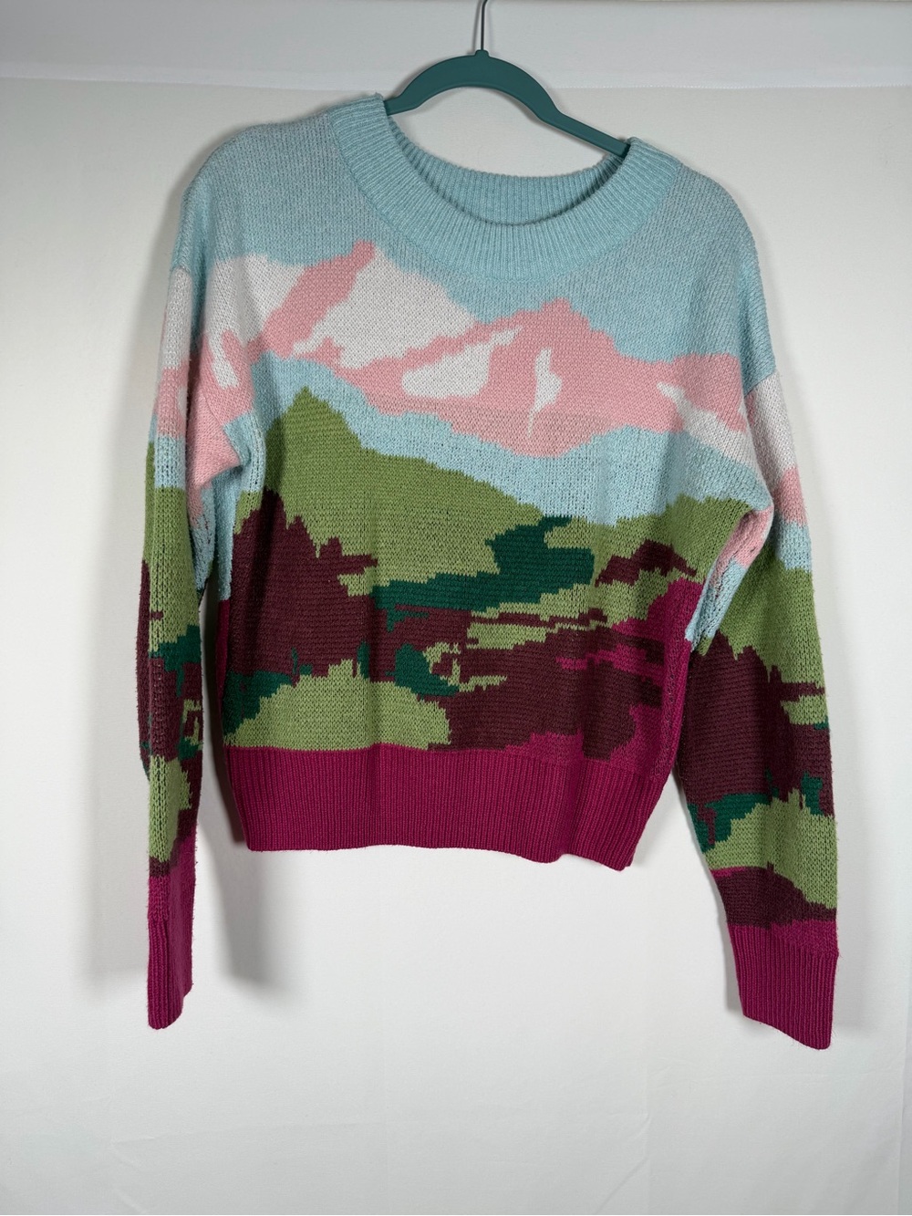 Women’s Abstract Scenic Pattern Crewneck Sweater Cottagecore, Countryside